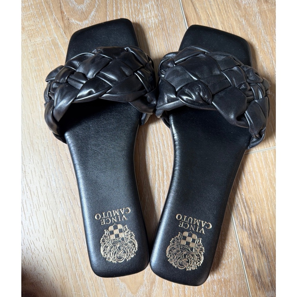 Vince Camuto Antonni Leather SZ 8.5 Black Braided Square Toe Thong Slide Sandals